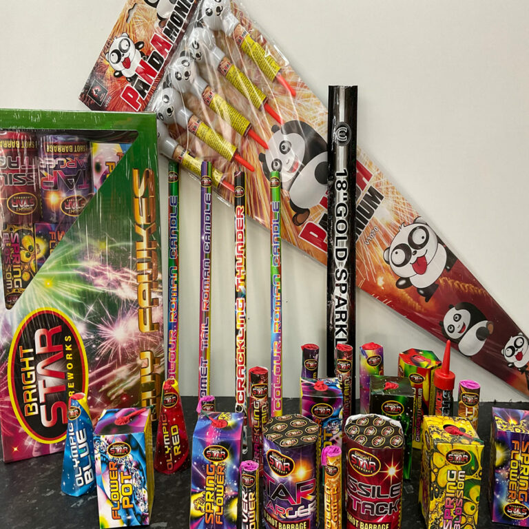 Ideal family pack! 24 fireworks in Guy Fawkes mix of fountains, wheels and Roman Candles... 5 panda rockets 1 pack sparklers